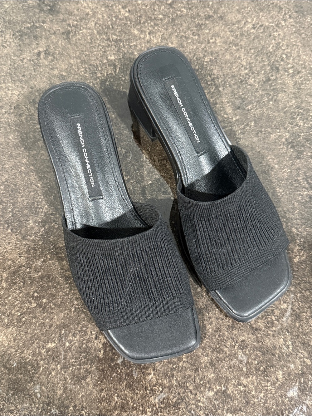 French Connection Black Knit Square-Toe Slide Mules 90s Y2K Style